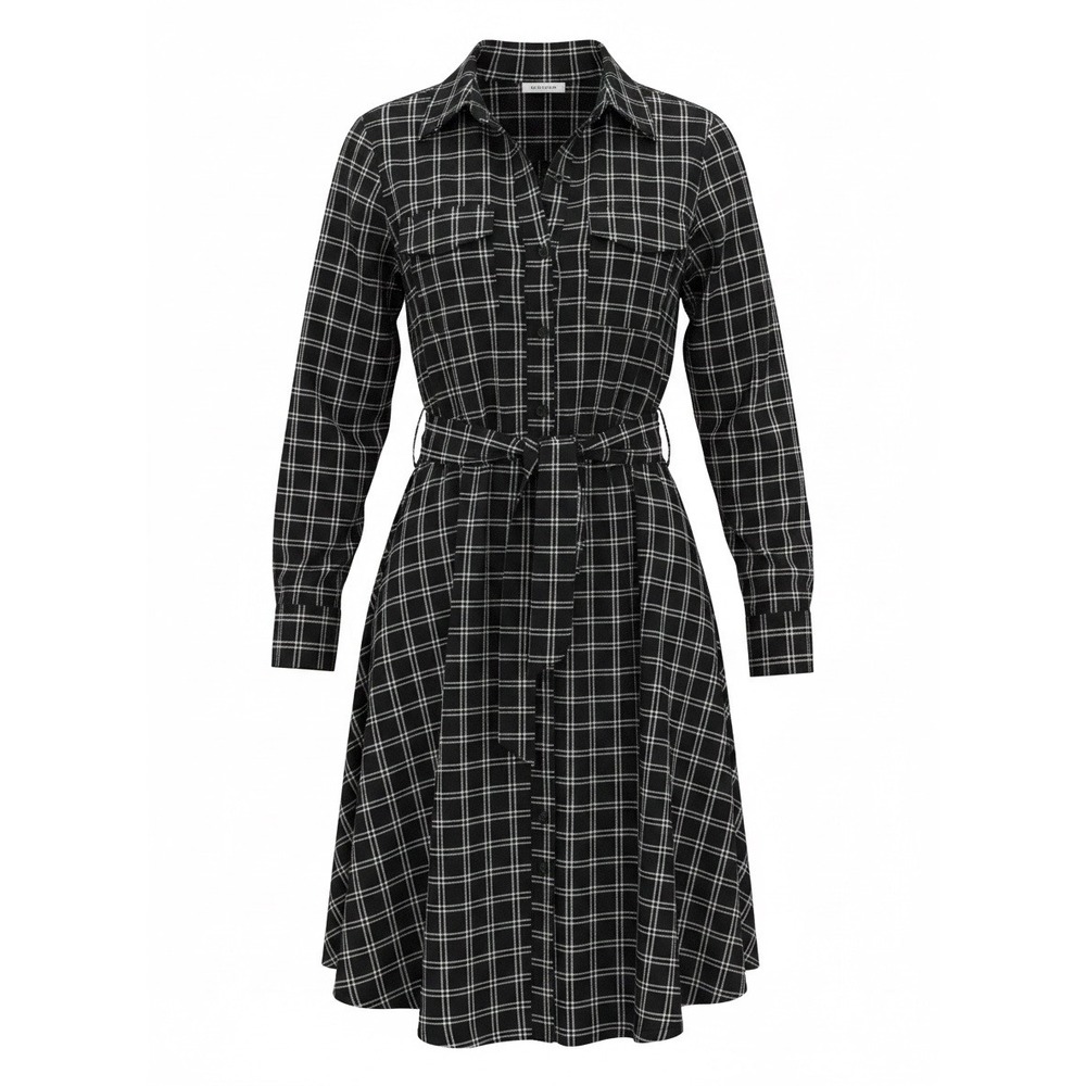 NY Collection Shirt Dress Womens PXL Black Plaid Excellent Tie Waist Roll Tab